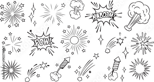 Comic Sound Effects Speech Bubbles Set with Boom, Bang, Wow, Zap and Pop Art Explosion Text