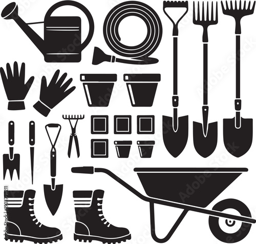 Black and white gardening tools and equipment shovel rake