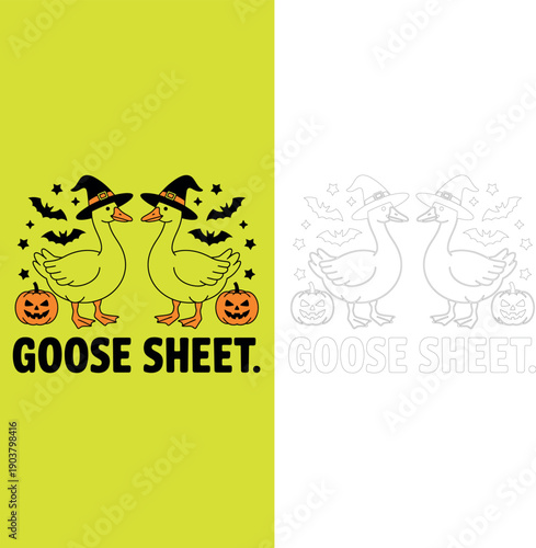 Cute Halloween Goose Sheet illustration set, geese wearing witch hats with jack-o-lantern pumpkins, colorful cartoon and black and white line art coloring page version.