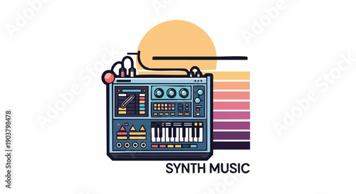 Stylized electronic sound creation device displayed with a retro sunset background