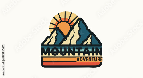 Retro style graphic emblem depicting rugged peaks beneath a rising stylized sun