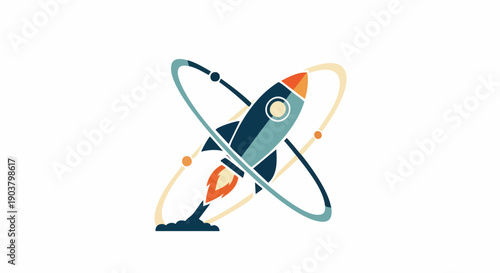Stylized image depicts a rocket launch superimposed over orbiting atomic rings
