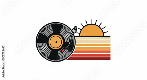 Stylized analog music player sits beside a setting sun graphic with retro stripes