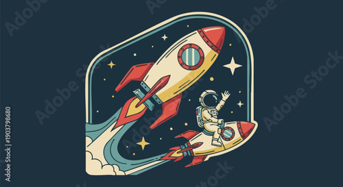 Retro style badge depicts an astronaut riding a small rocket past a larger ascending spacecraft in the night sky
