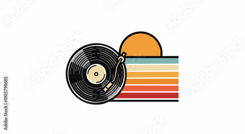 Retro graphic design featuring a vinyl record against a setting sun backdrop with horizontal stripes