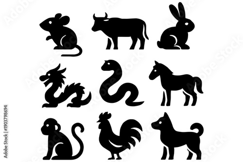 animals icons set,
Chinese Zodiac Animal Silhouettes Collection, Traditional Engraved Vector Art