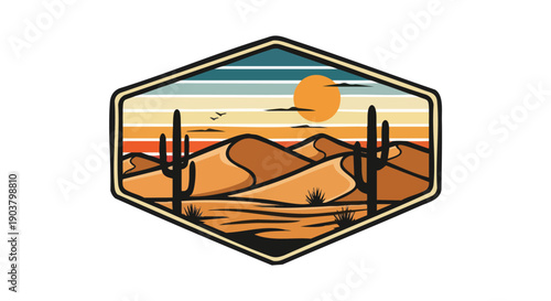 Stylized graphic depicting a desert landscape with large cacti beneath a setting sun.