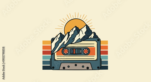 Retro style graphic depicts mountains and sun rising over an audio cassette tape