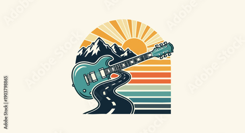 Electric guitar design merges with a winding road and mountain landscape under a radiating sun