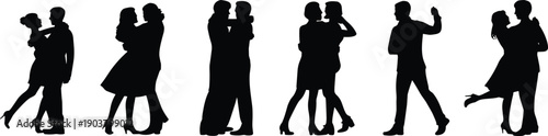 Romantic couples in silhouette dancing together in various poses of embrace and movement romance