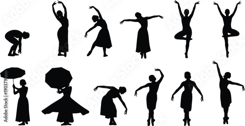 Graceful Ballerina Silhouettes Set for Dance Performance, Elegant Woman Dancing Poses, Ballet Dancer Motion Graphics for Theatre and Arts Class Vector.