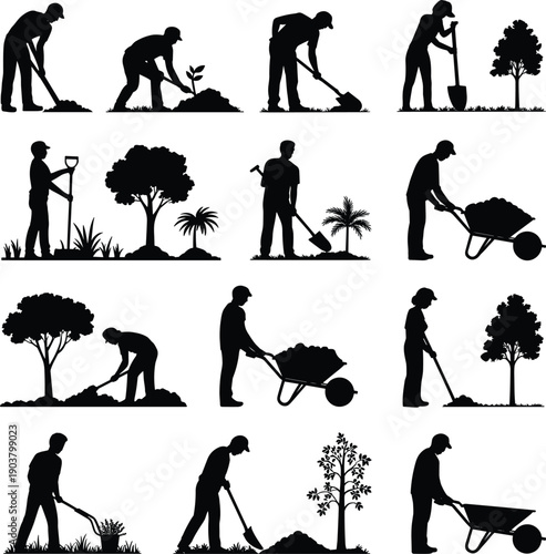 Sequence of black silhouettes illustrating the gardening process from digging soil and planting seeds to tending trees and using a wheelbarrow