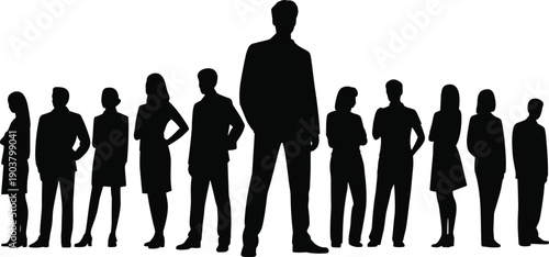 Silhouette of a diverse group of business professionals standing in a line with a prominent figure in the center representing leadership