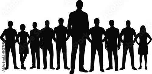 Silhouette of a diverse group of business professionals standing together in a line showcasing unity and teamwork in a corporate setting