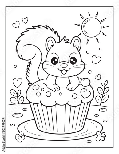Cute cartoon squirrel holding giant cupcake with hearts and sun vector illustration coloring page
