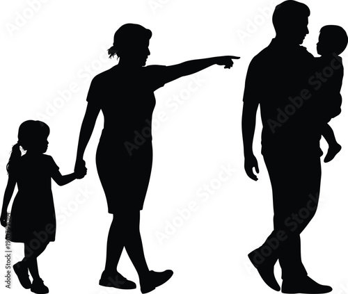 Silhouette of a family walking together with a mother pointing the way for her husband carrying their child and daughter holding her hand