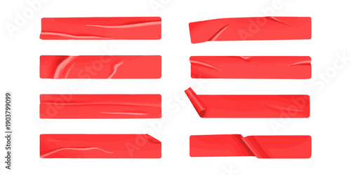 Collection of realistic red adhesive tape strips with torn edges and wrinkled textures for design elements