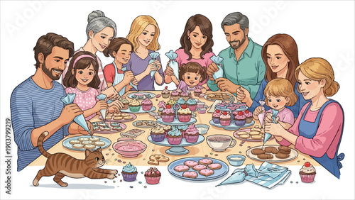  Family Baking Bliss A cheerful multigenerational family gathered around a table, joyfully decorating cupcakes together, warm and heartwarming scene..