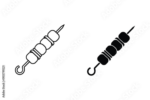 Black and white kebab skewers with meat or vegetables on stick vector illustration