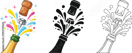 Champagne bottle cork popping with colorful celebratory splash in three different graphic styles for parties.