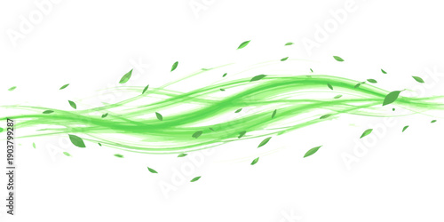 Abstract flowing green energy waves with scattered leaves, representing nature and movement, clean vector illustration