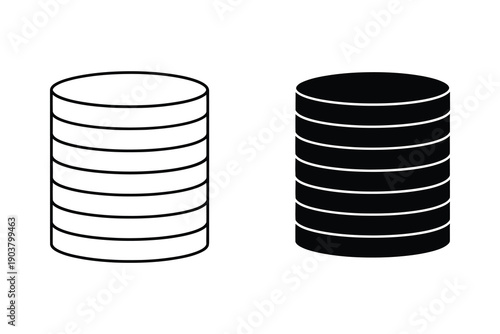 Two cylindrical database icons, one white and one black, in flat design vector illustration
