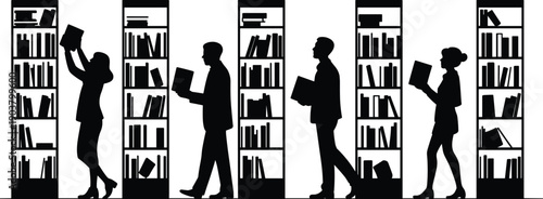 Library silhouettes, people reading books, academic study illustration, education knowledge concept, bookshelf browsing, literature learning vector design