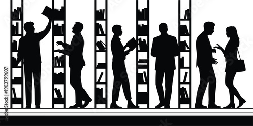 Library silhouettes, people reading books, bookshelf browsing, academic study illustration, education knowledge concept, literature learning, research interaction, social study vector design