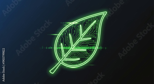 Green energy technology future with a circuit board leaf digital glowing representation of