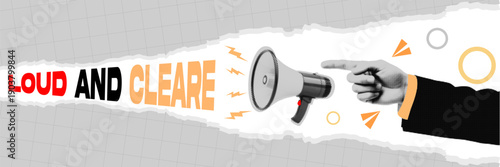 Halftone pop art dot style hand holding megaphone for loud and clear announcement on torn paper background vector illustration