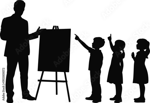 Silhouette of a male teacher presenting to a group of three young children pointing at a blank easel during an educational lesson