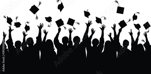 Silhouette of Students Throwing Graduation Caps in the Air Celebrating Success Degree Completion Education Achievement University College Commencement Ceremony and Future Goals