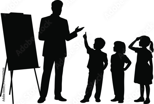 Silhouette of a male instructor gesturing towards a blank easel with three children in silhouette actively participating in a lesson