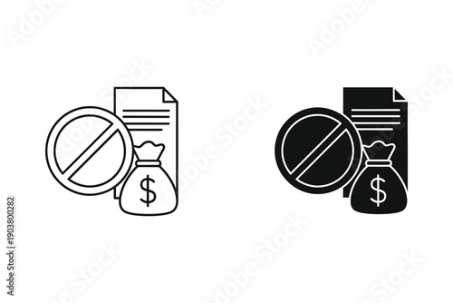 Prohibition Symbol on Money Bag and Document Vector Illustration