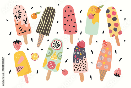 A set of fruit ice cream on a stick, designed in a naive, hand-made style. Various shapes and patterns, fruits and berries, chocolate icing, and decorative elements. For packaging, posters, textiles.