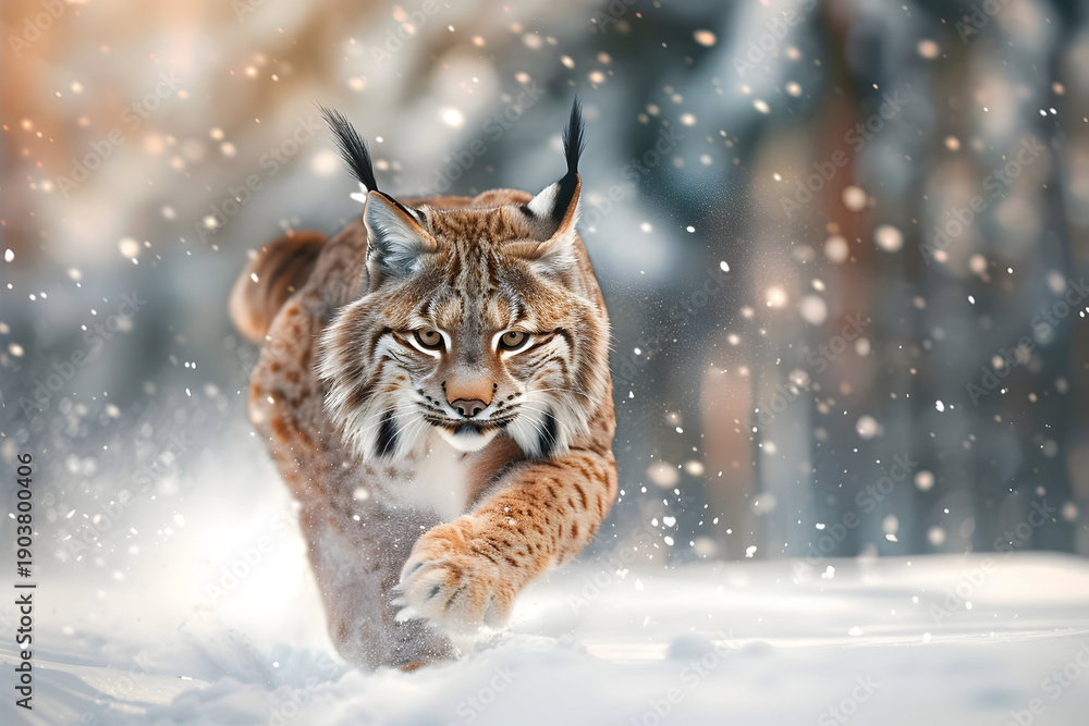 Fototapeta premium Majestic lynx in action charging through snowy wilderness in winter