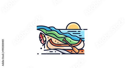 Vibrant minimalist illustration of a tranquil lakeside scene with a canoe, paddle, sun, and