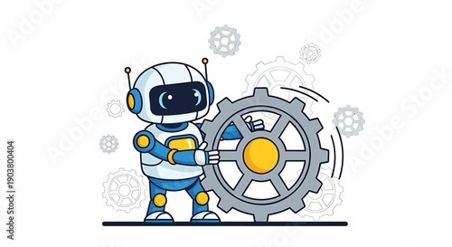 Cute robot character turning large gear cogwheel settings concept vector