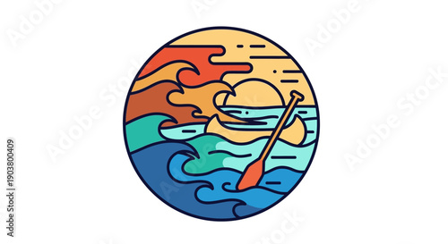 Vibrant Paddle Sunset Ocean Waves Graphic Design for Summer Outdoor Adventures and Exploration