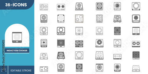 Induction Cooker Editable Icon Set – Smart Electric Cooking Stove Symbols for Modern Kitchen Appliances.