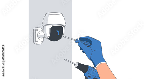 Technician hand installing security CCTV camera on wall vector illustration