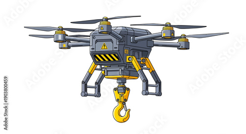 Industrial drone with robotic claw hook lifting heavy cargo vector illustration