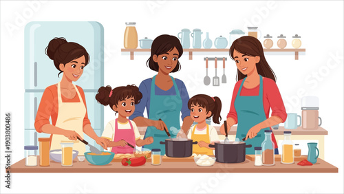 Family cooking together flat style kitchen scene with smiling multigenerational group