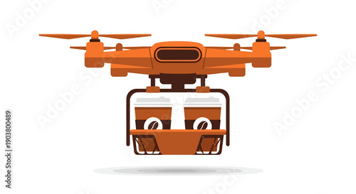 Flying drone carrying takeaway coffee cup urban delivery service vector