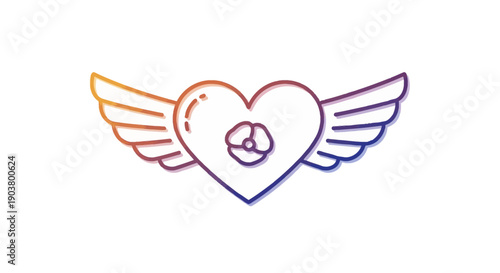 Gradient outline heart with elegant wings and a delicate rose icon symbolizing love and freedom