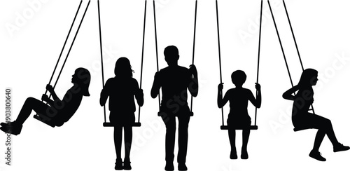 Silhouette of children and adults swinging on swings in a park, enjoying outdoor recreation and playful activity