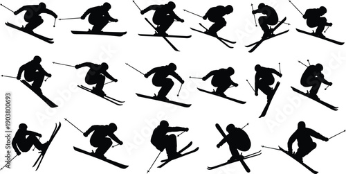 Freestyle ski jump silhouette sequence showing dynamic winter sports action, aerial tricks, and motion stages isolated on white background for extreme skiing concept