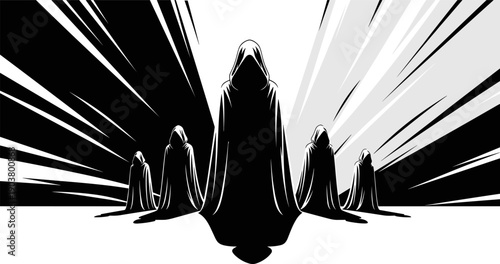 Five hooded figures in dark cloaks, central leader with dramatic background, surreal fantasy illustration, ominous atmosphere, gothic ritual concept, mysterious symmetrical composition