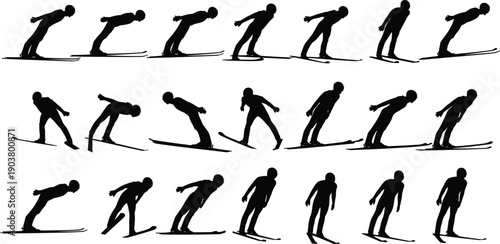 Ski jumping landing silhouette sequence showing athlete balance control, descent motion, and winter sports technique stages isolated on white background for training analysis