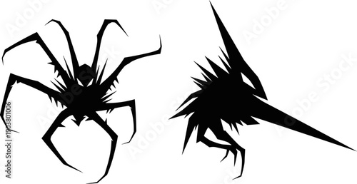 Black silhouette monster illustration, surreal horror fantasy artwork, grotesque alien creature design, eerie spider-like being, creepy bird monster, imaginative nightmare concept, dark abstract art